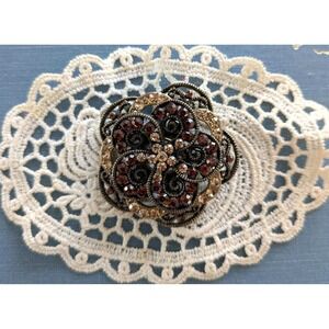 Vintage Rhinestone Brooch – Brown & Champagne Crystal Floral Pin – Antique Style
